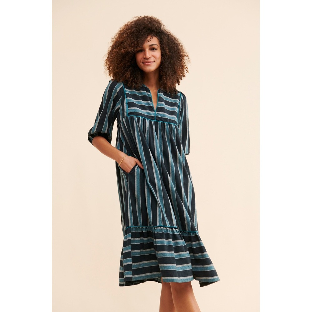 Saint Geraldine Poly Jean Navy Teal Striped Cotton Midi Dress Puff Sleeve Medium